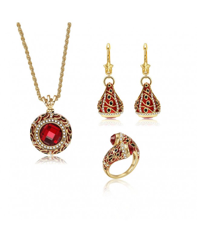 Luxury Red Crystal Statement Ring Charm Necklaces Star Drop Earrings Bridal Jewelry Set for Women