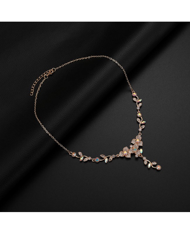 Luxury Rose Gold Bride Women Wedding Jewelry Set Colorful Rhinestone Flower Leaf Necklaces Earrings