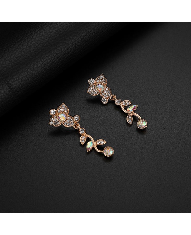 Luxury Rose Gold Bride Women Wedding Jewelry Set Colorful Rhinestone Flower Leaf Necklaces Earrings