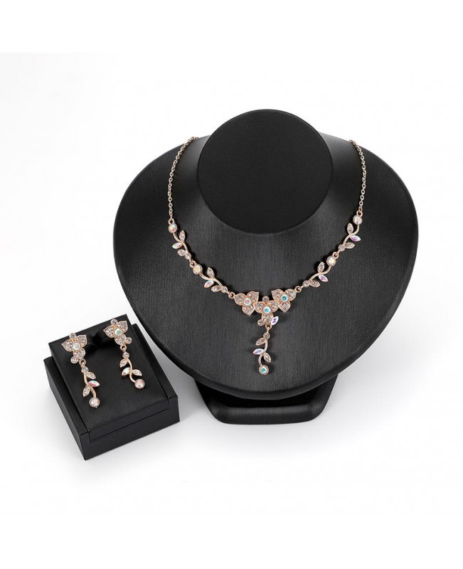 Luxury Rose Gold Bride Women Wedding Jewelry Set Colorful Rhinestone Flower Leaf Necklaces Earrings