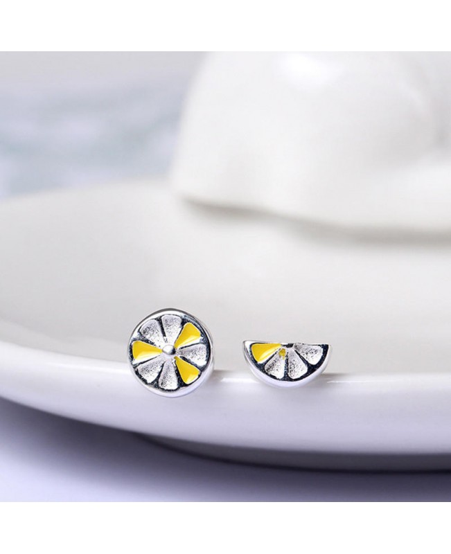 Cute Fresh Lemon Stud Earring 925 Sterling Silver Asymmetric Womens Piercing Fruit Earring
