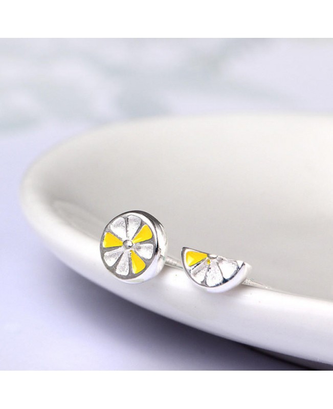 Cute Fresh Lemon Stud Earring 925 Sterling Silver Asymmetric Womens Piercing Fruit Earring