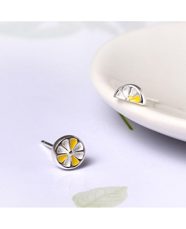 Cute Fresh Lemon Stud Earring 925 Sterling Silver Asymmetric Womens Piercing Fruit Earring