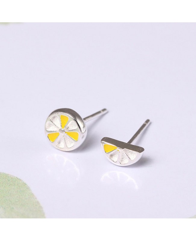 Cute Fresh Lemon Stud Earring 925 Sterling Silver Asymmetric Womens Piercing Fruit Earring