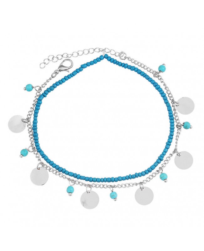 Bohemian Women's Anklet Summer Beach Multilayer Blue Bead Coin Pendant Ankle Bracelets Ring