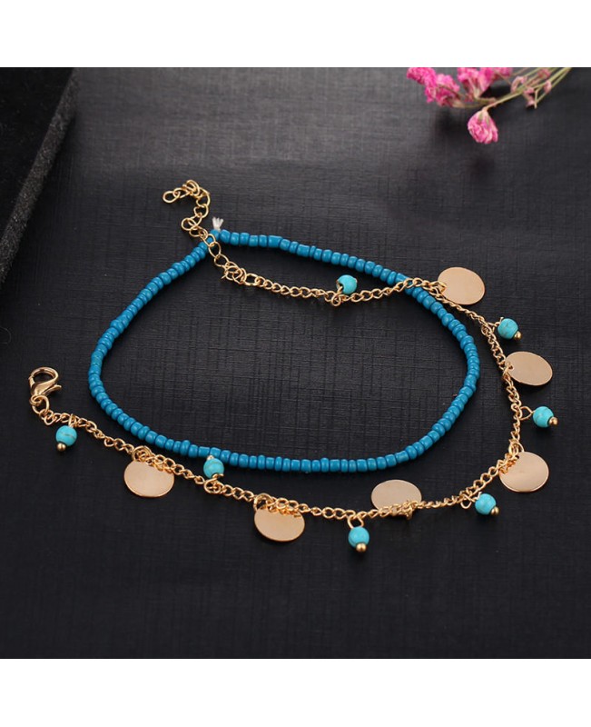 Bohemian Women's Anklet Summer Beach Multilayer Blue Bead Coin Pendant Ankle Bracelets Ring