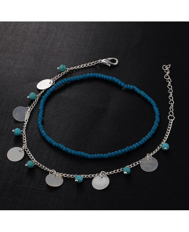 Bohemian Women's Anklet Summer Beach Multilayer Blue Bead Coin Pendant Ankle Bracelets Ring