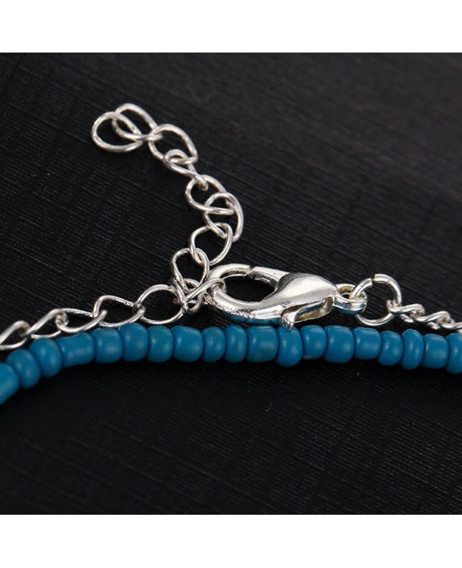 Bohemian Women's Anklet Summer Beach Multilayer Blue Bead Coin Pendant Ankle Bracelets Ring