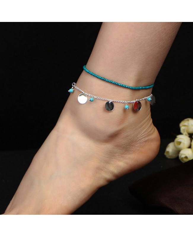 Bohemian Women's Anklet Summer Beach Multilayer Blue Bead Coin Pendant Ankle Bracelets Ring