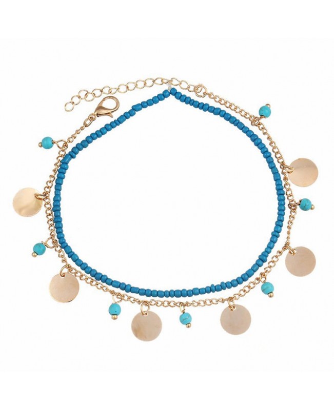 Bohemian Women's Anklet Summer Beach Multilayer Blue Bead Coin Pendant Ankle Bracelets Ring
